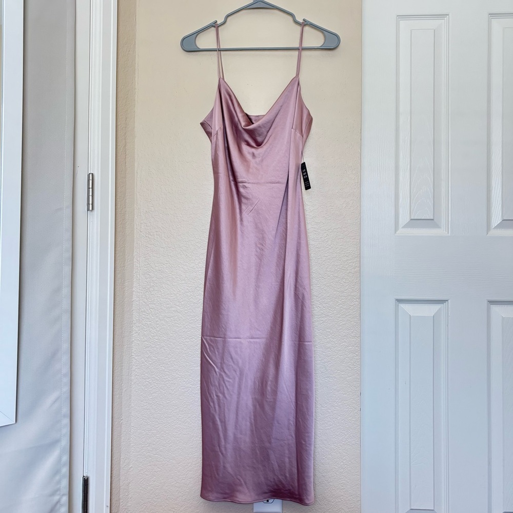 Express Satin Cowl Neck Midi Slip Dress in Blushing Mauve